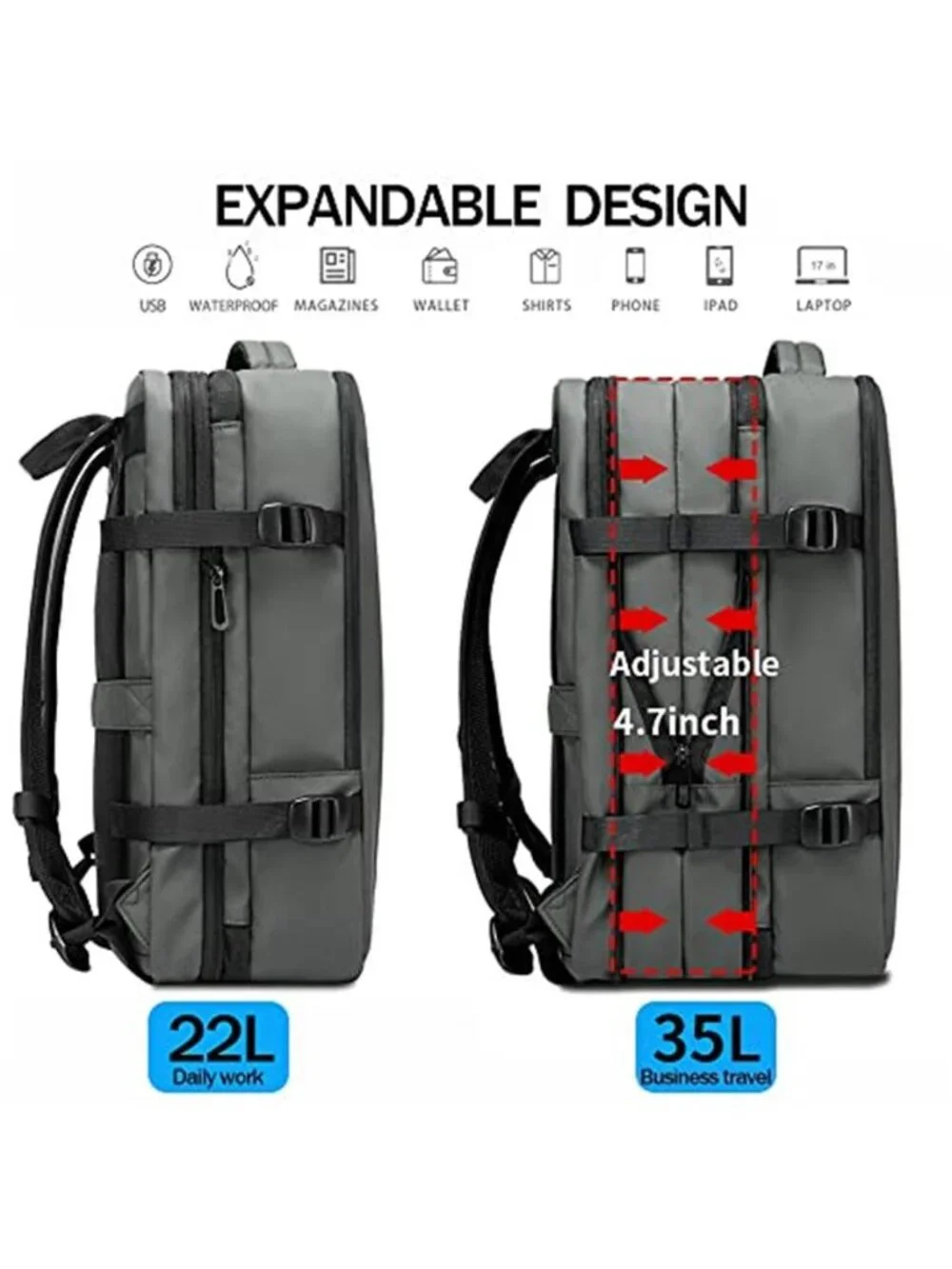 35L Expandable Travel Backpack Carry On Airline Approved Waterproof Laptop Grey